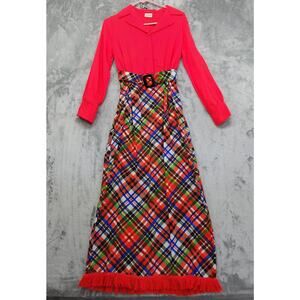 Vintage 60s Mitchell Maxi Dress Size XS Red Plaid Fringe Hem Belted Long Sleeves
